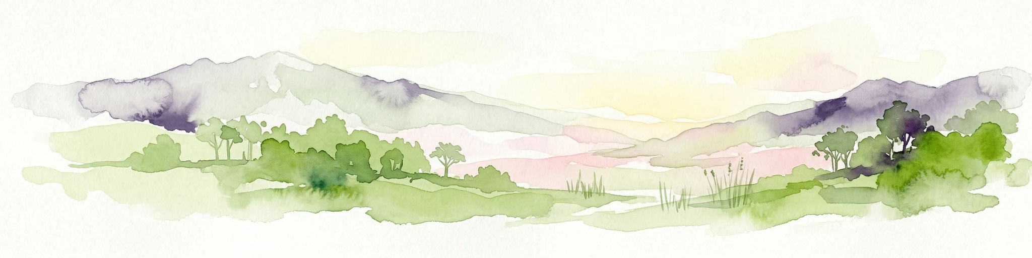 Watercolor painting of green hills, trees, and distant mountains under a light sky