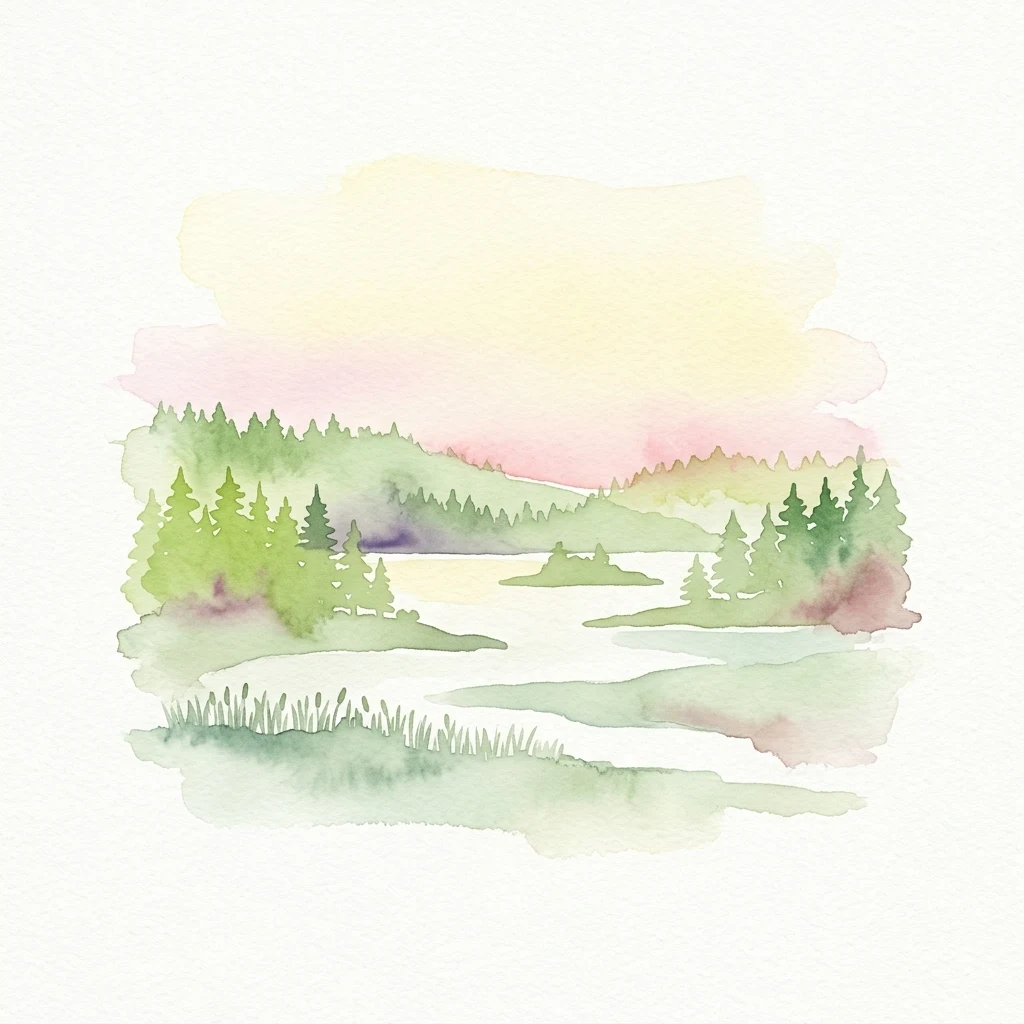 Watercolor illustration depicting a river flowing through green forests with rolling hills and a pastel-colored sky