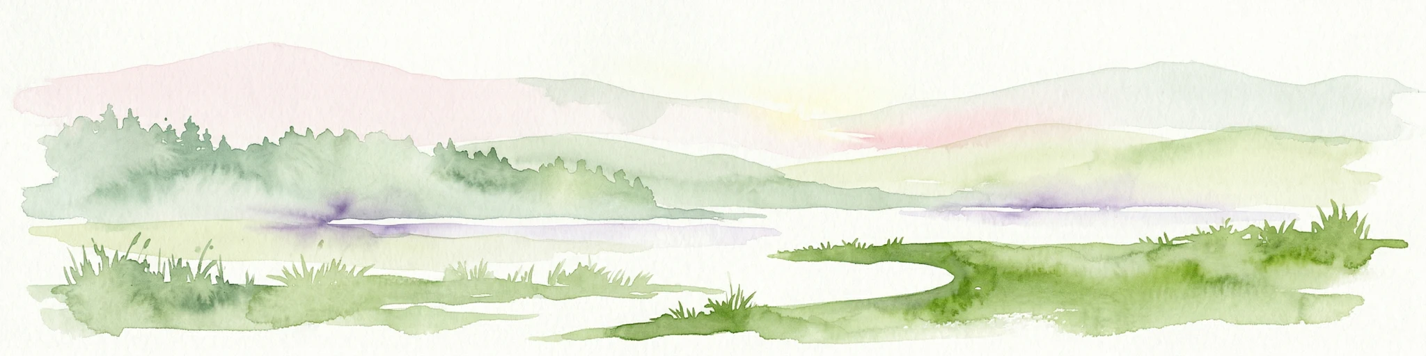 Ilustración en acuarela de un río que fluye a través de un paisaje boscoso con colinas al fondo.