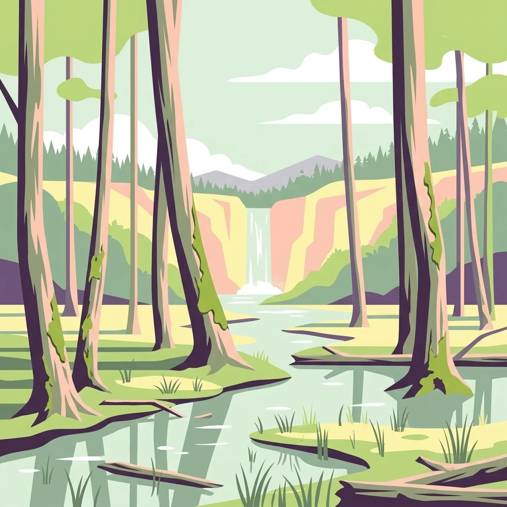 A flat-design illustration of a forest landscape with tall trees in the foreground, a stream winding through the center, and a distant waterfall cascading over rocky cliffs.