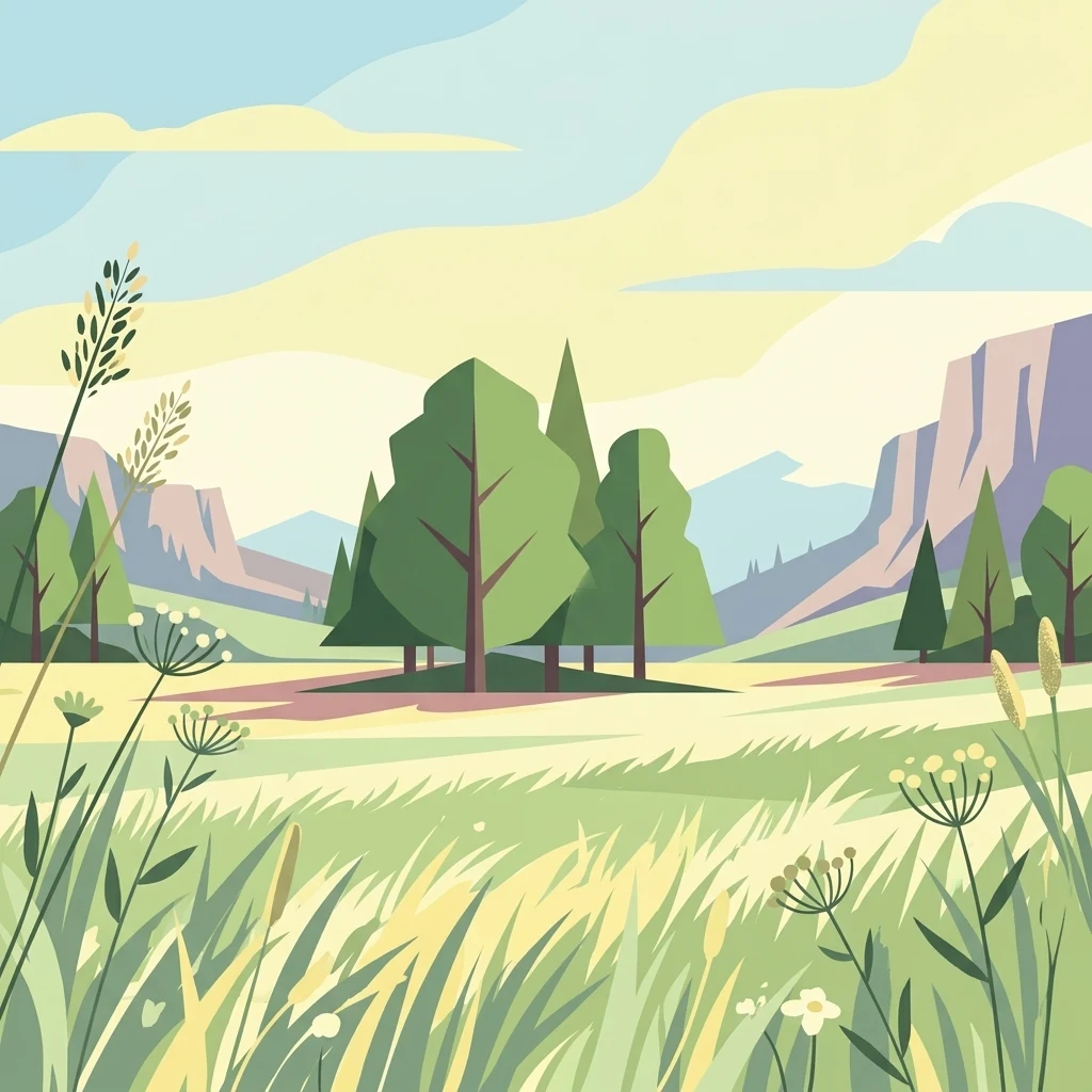 A flat-style digital illustration of a green meadow with tall grasses, wildflowers, and trees in the foreground, with rolling hills in the background under a soft pastel sky.