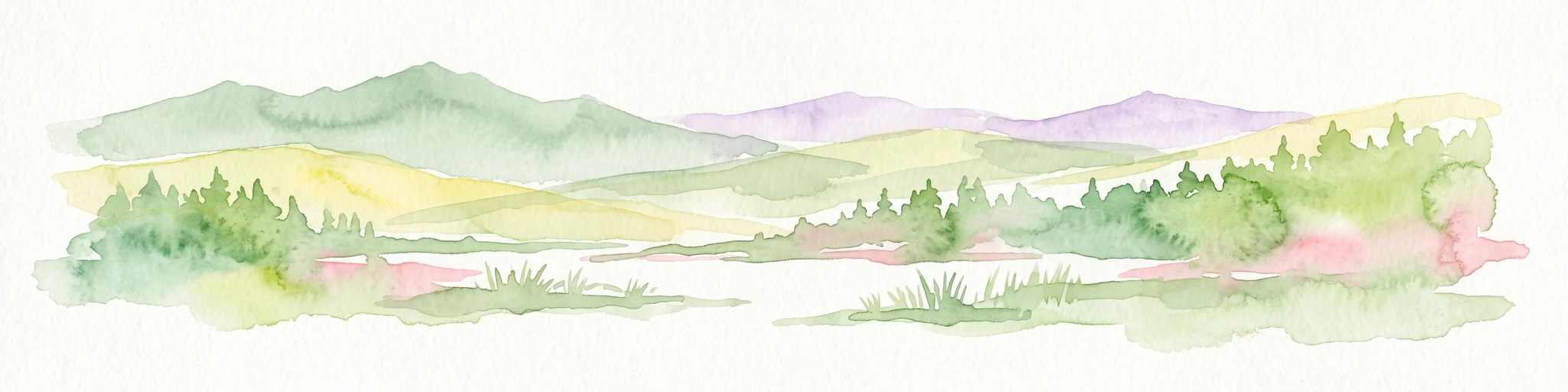 A watercolor illustration of a rural landscape with low hills, trees, and grassy meadow areas.