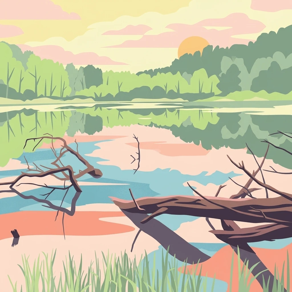 A flat-style digital illustration depicting a calm lake surrounded by forest at sunset. In the foreground, fallen tree trunks extend into the water, and reeds grow along the shore. The scene features soft pastel colors and a reflective water surface.