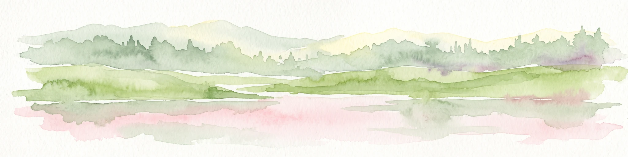 Watercolor painting of a soft landscape featuring a calm, pale-pink reflective lake in the foreground and a layered, muted-green forest and hilly horizon in the background.