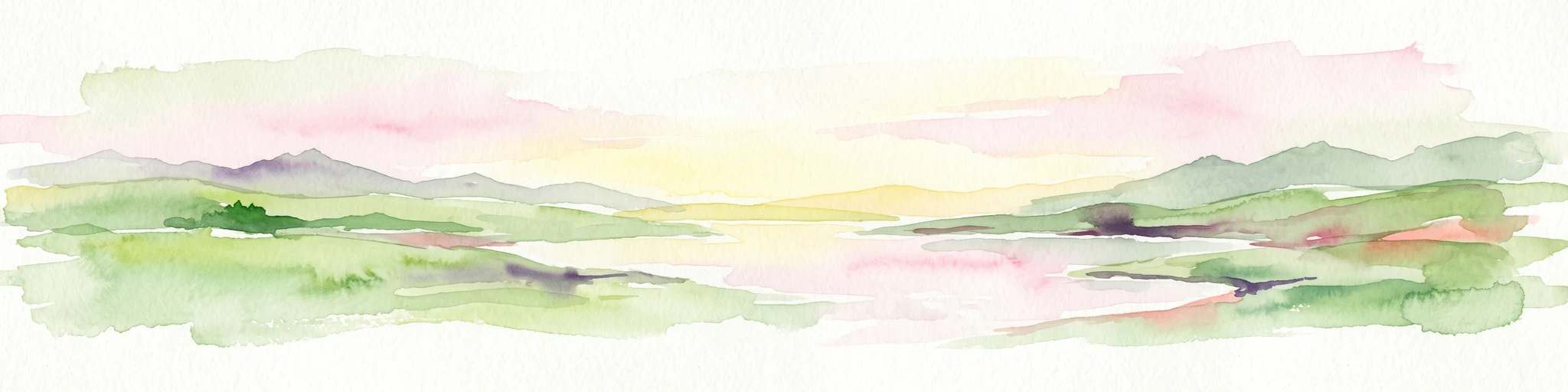 A soft watercolor illustration of a coastal landscape with rolling green hills and pink and yellow sky reflected in calm water.