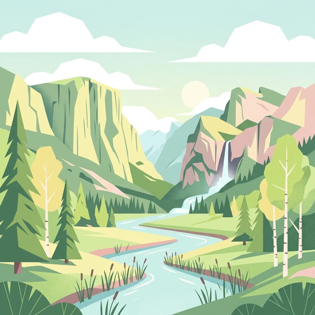 A flat-design illustration showing a lush valley surrounded by steep cliffs and mountains, with a river flowing through the center and a waterfall in the distance.