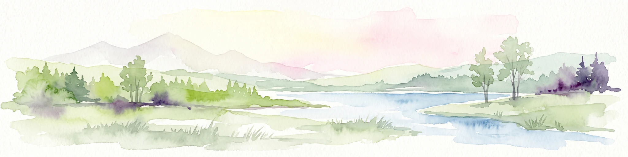 Watercolor painting of a lake surrounded by green trees, grassy banks, and soft rolling hills under a pale sky.