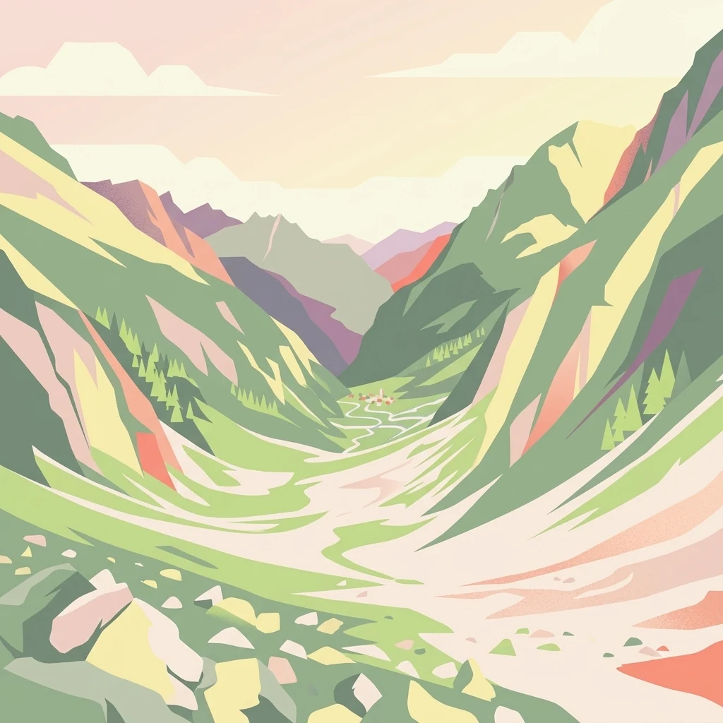 An artistic illustration of a deep mountain valley with steep, green, and rocky slopes converging toward a small cluster of buildings in the distance under a pale, warm sky.