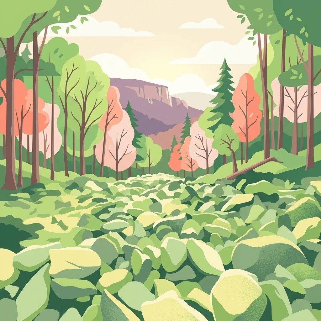 Una ilustración de estilo vectorial plano que muestra un campo de grandes rocas que conduce hacia una ladera boscosa bajo un cielo suave y de color claro.