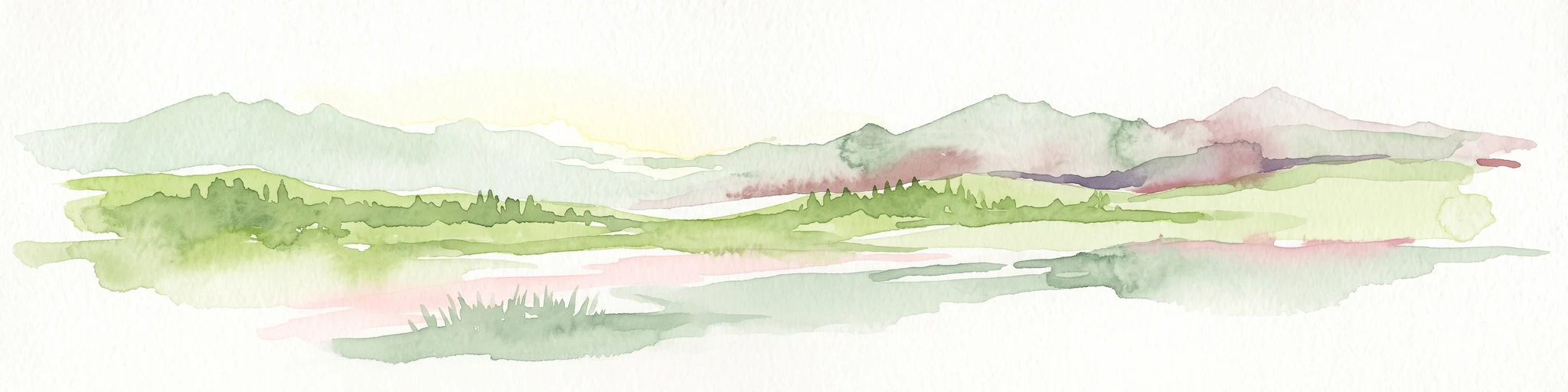 Watercolor painting showing a stylized, panoramic landscape of rolling hills and forest, depicted in soft green and earth tones against a white background.