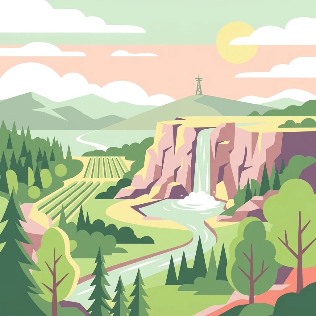 A digital vector illustration showing a landscape with limestone-style cliffs, a waterfall dropping into a pool, a winding river, and vineyards in the foreground under a pale sun.