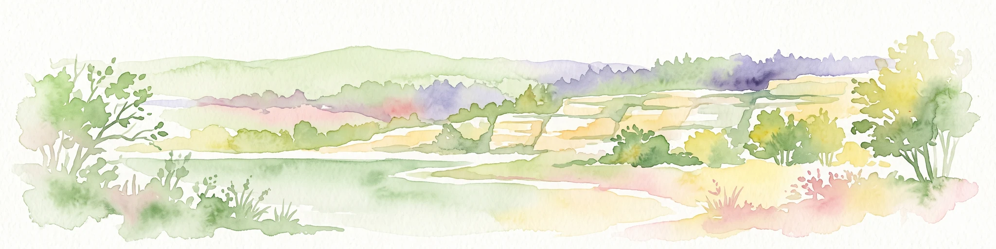 A watercolor painting showing a soft, panoramic landscape of rolling hills, scattered trees, and grassland on a white background.