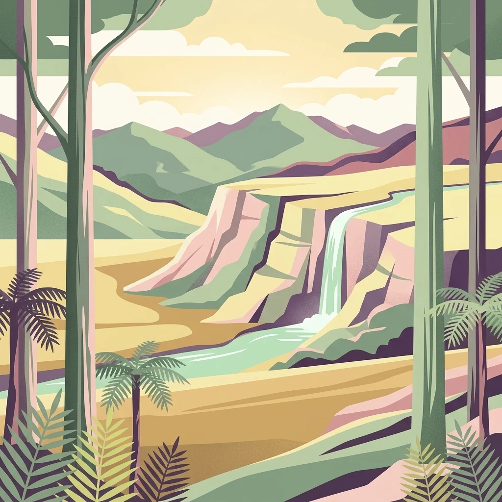 An illustration of a natural scene framed by tall trees and ferns in the foreground, looking out toward distant green mountains and a cascading waterfall flowing over a cliff face into a river.