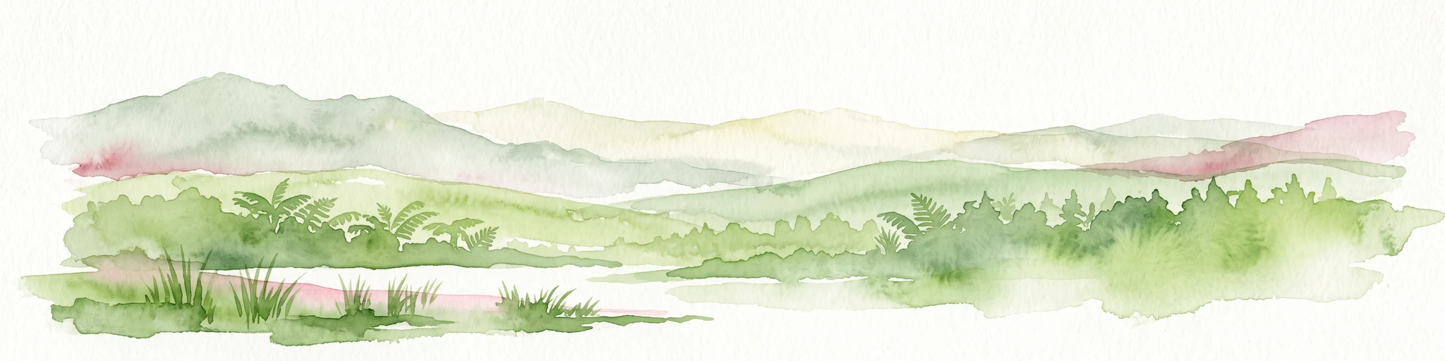 A soft watercolor painting of a rolling green landscape with distant hills and foreground vegetation on a plain white background.