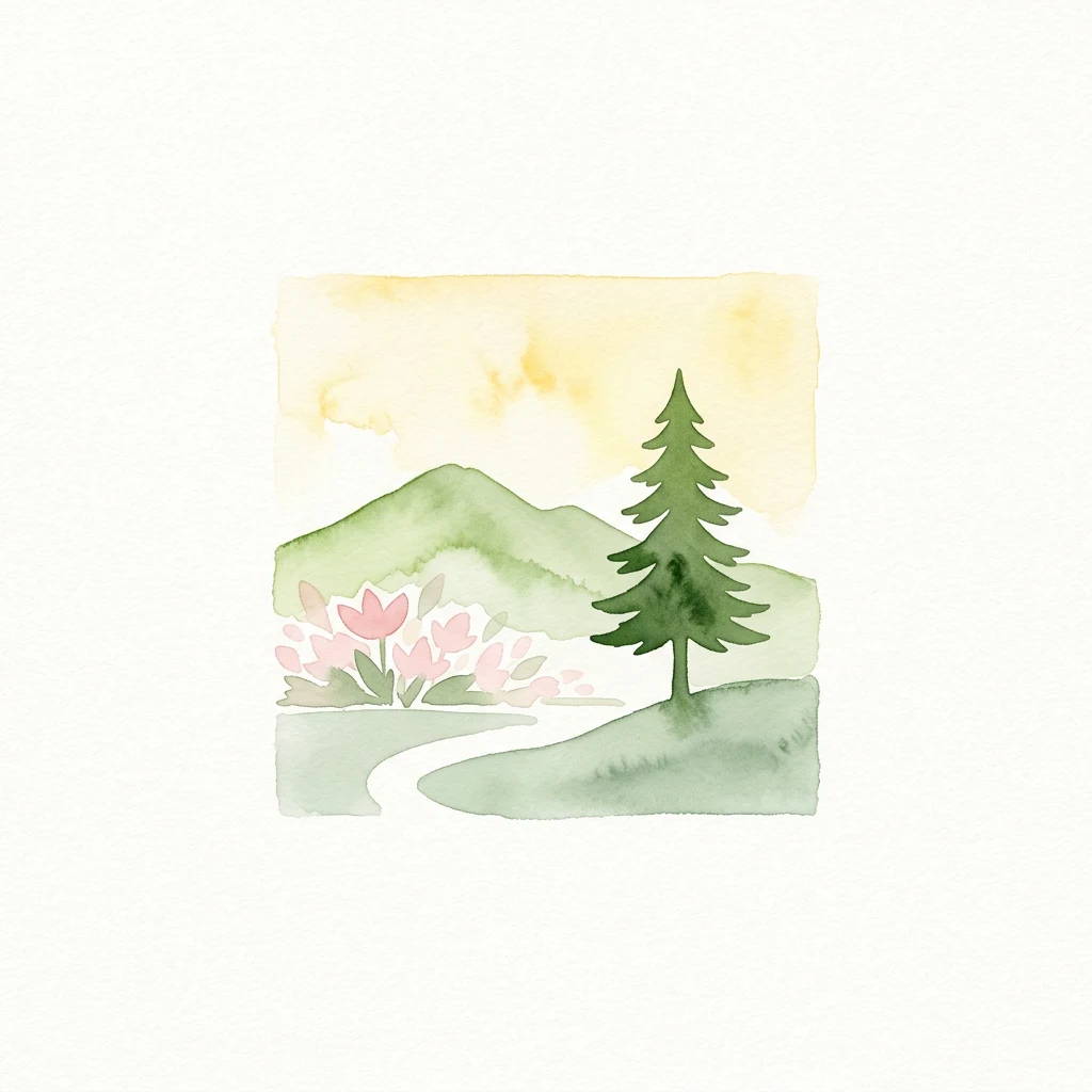 Watercolor illustration showing a winding path, green hills, a tall evergreen tree, pink flowers, and a yellow sky