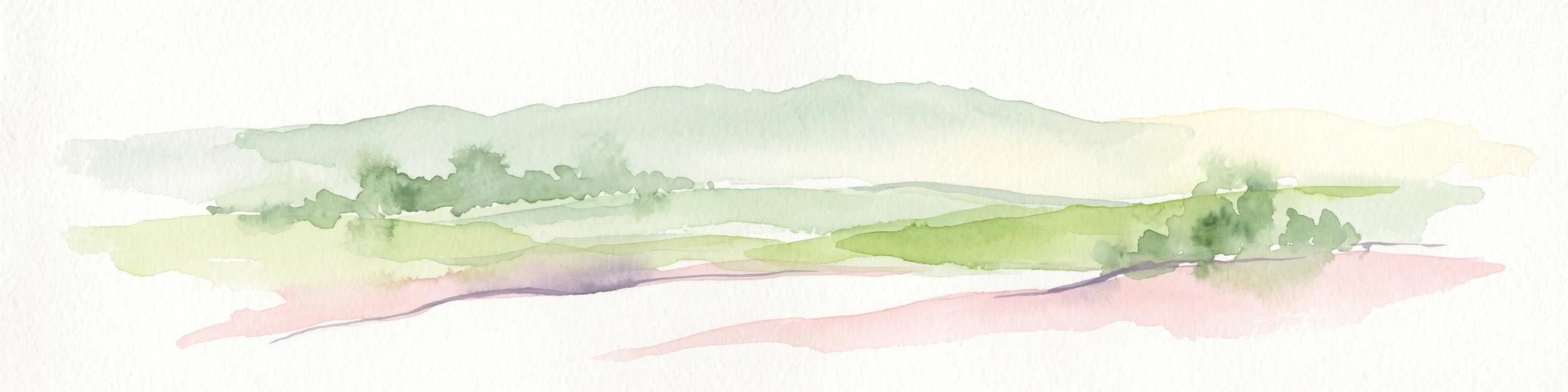 A soft watercolor painting depicting rolling green hills against a faint, light-colored background.
