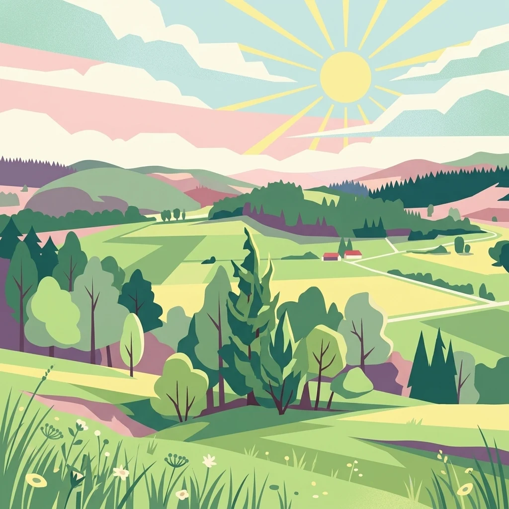 Una ilustración digital de un paisaje rural bañado por el sol, con colinas verdes onduladas, diversos grupos de árboles y un bosque lejano bajo un cielo brillante.