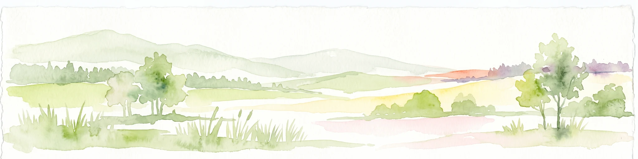 Una pintura en acuarela que representa un suave paisaje de prados verdes con colinas onduladas al fondo y árboles dispersos.