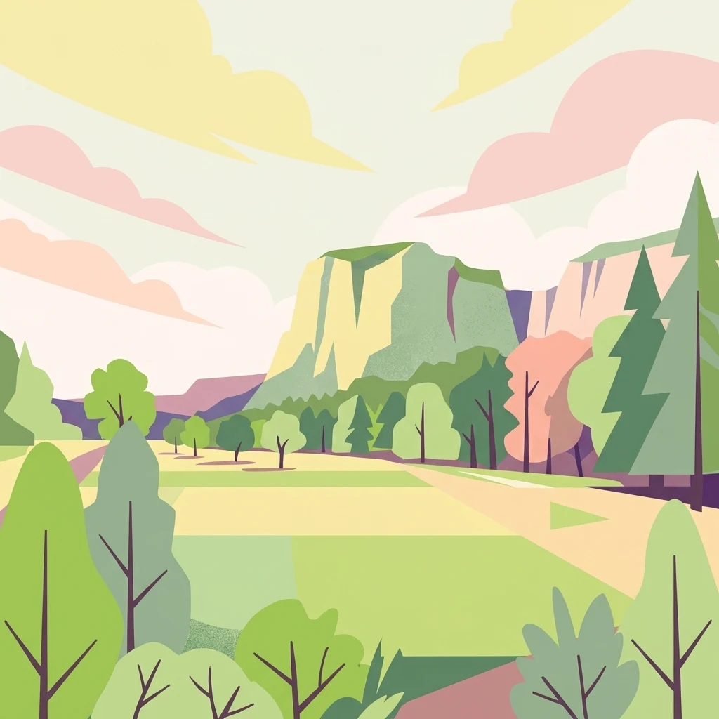 A minimalist flat illustration of a valley with green fields in the foreground, trees on the sides, and rocky cliffs in the background under a soft-colored sky.