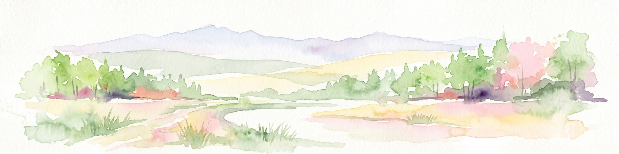 Una pintura horizontal en acuarela que representa un paisaje suave e impresionista con colinas onduladas al fondo y una línea de árboles verdes y prado en primer plano.