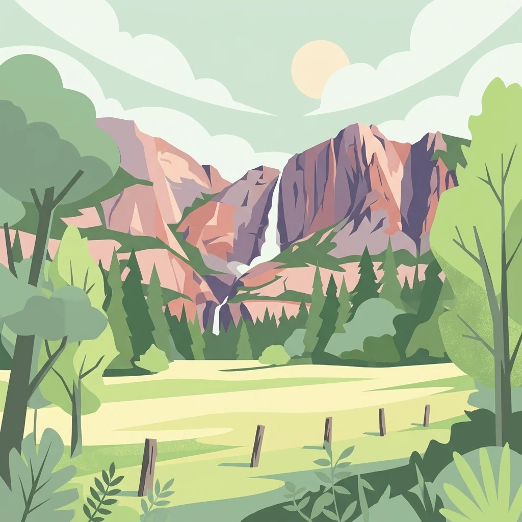 A flat vector-style illustration of a scenic mountain landscape featuring a tall waterfall cascading between cliffs, a meadow with a wooden fence in the foreground, and pine trees surrounding the base.