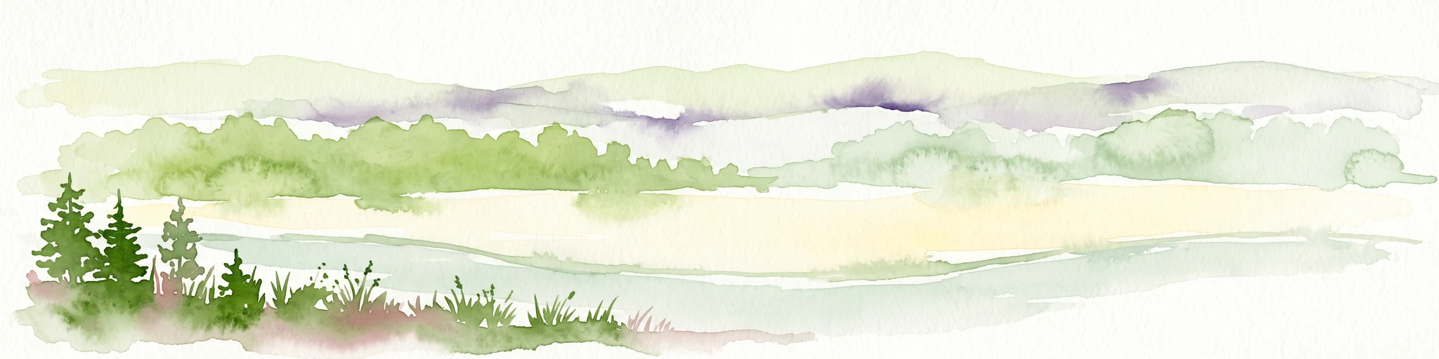 Una pintura horizontal en acuarela que representa un paisaje suave y ondulado con árboles verdes en primer plano, un prado o campo de color claro en el plano medio y colinas apagadas y distantes al fondo.