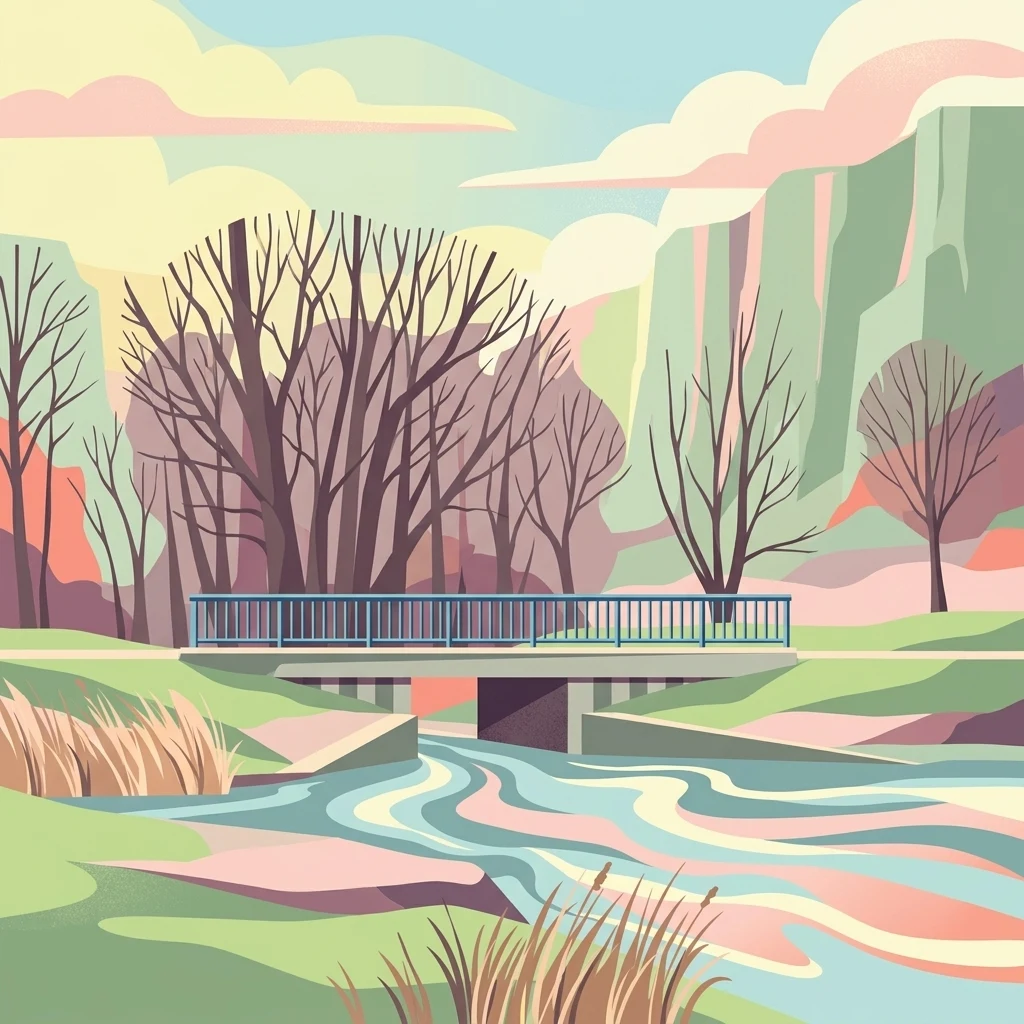 A colorful, stylized digital illustration depicting a small bridge crossing a winding stream surrounded by leafless trees, grasses, and hills under a soft sky.