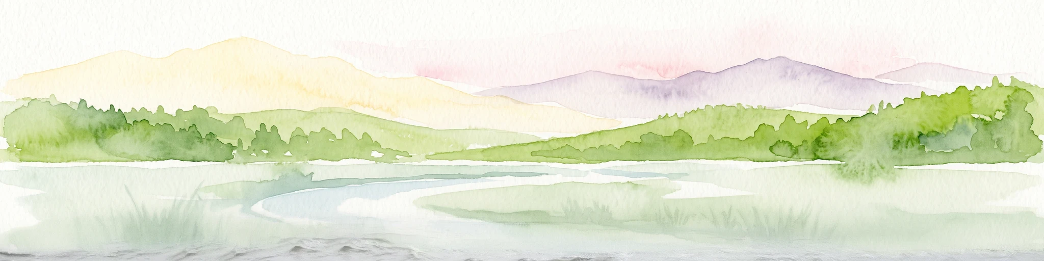 Una pintura en acuarela que muestra una suave vista panorámica de colinas verdes y un arroyo serpenteante, con montañas pálidas y distantes al fondo.