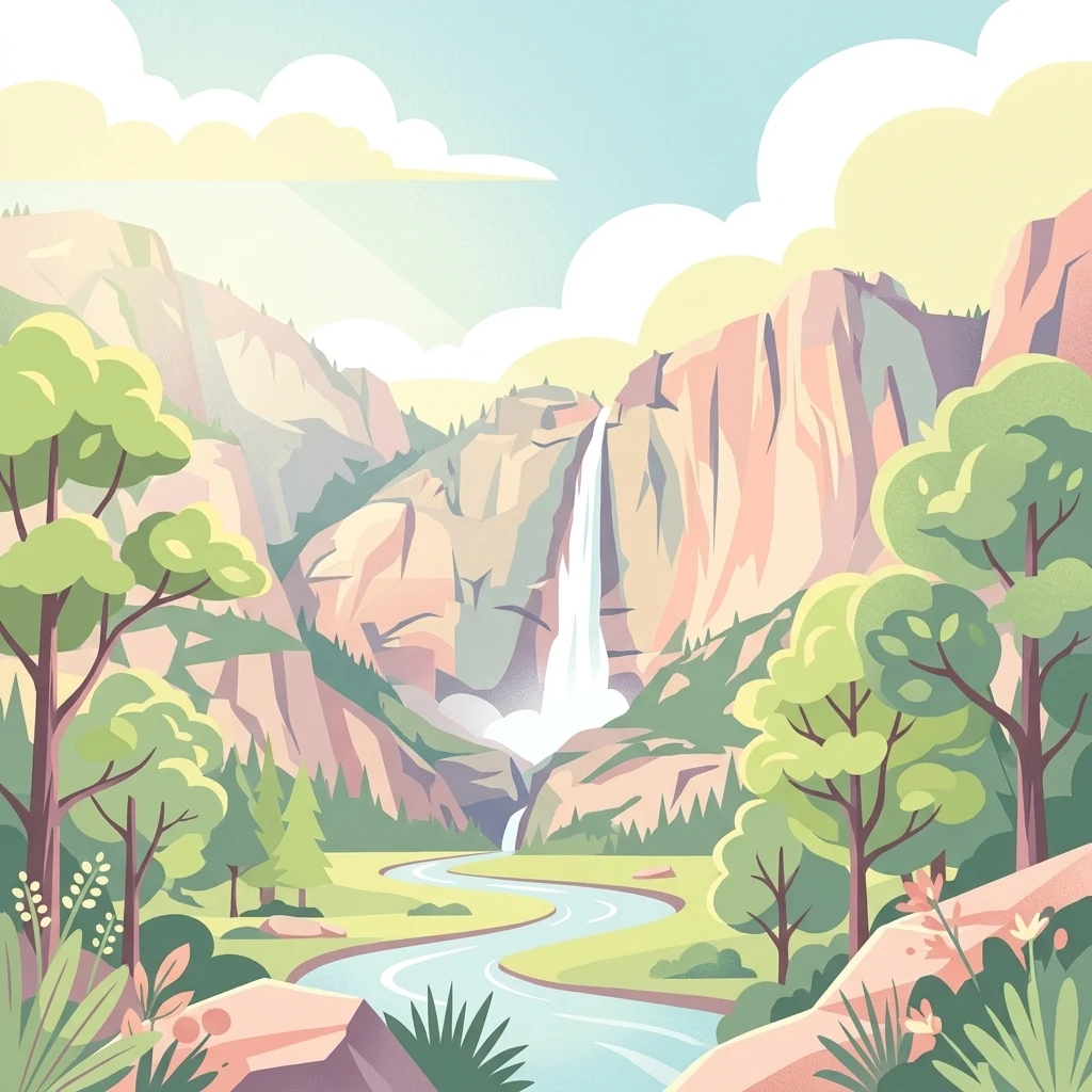 A flat-style digital illustration showing a valley with large cliffs, a central waterfall flowing into a river, surrounded by trees and vegetation under a cloudy sky.