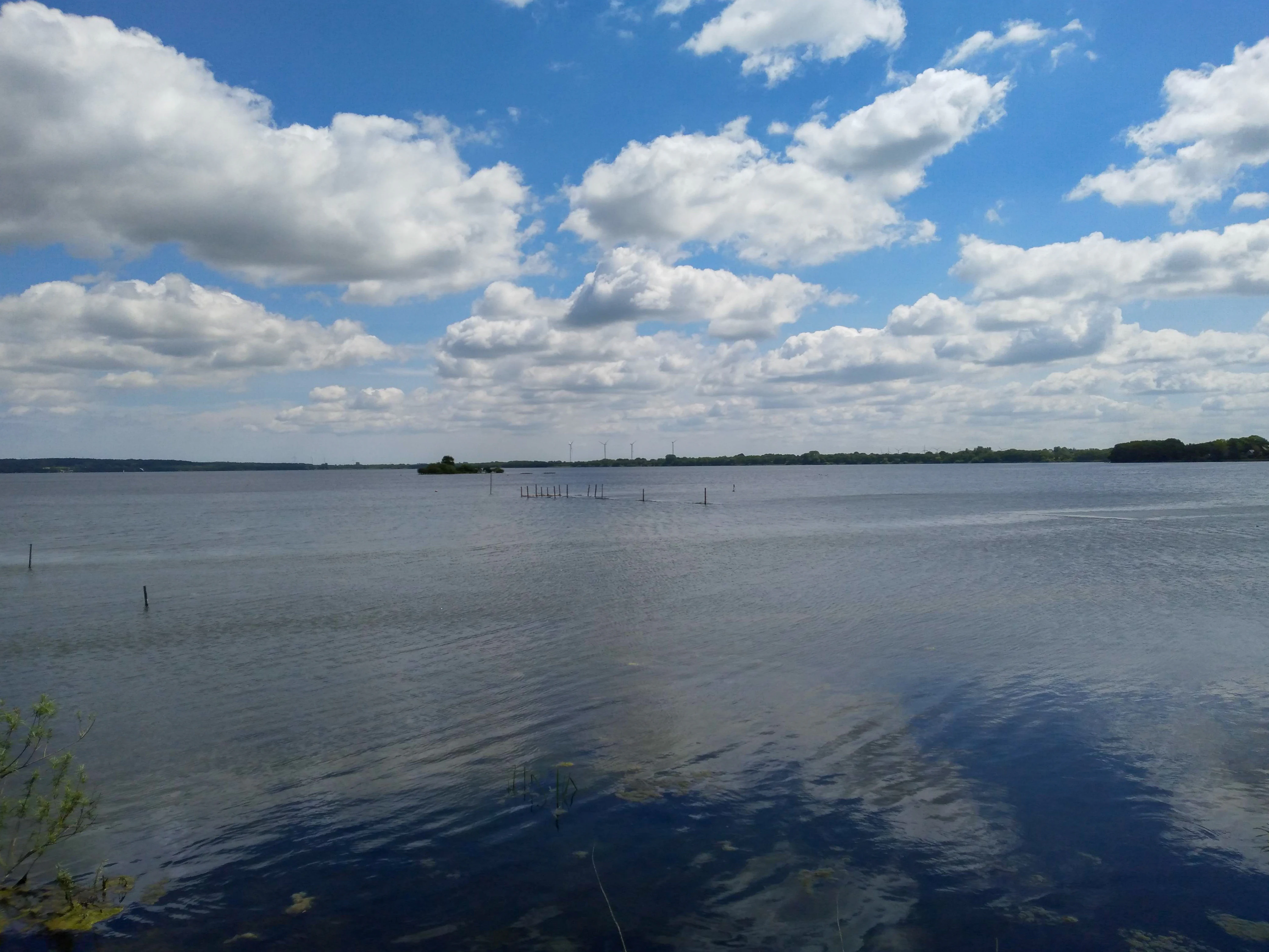 A wide, eye-level shot of a large, calm lake under a bright blue sky filled with white clouds. A small, low-lying island is visible in the middle of the lake, with some small vertical poles protruding from the water.