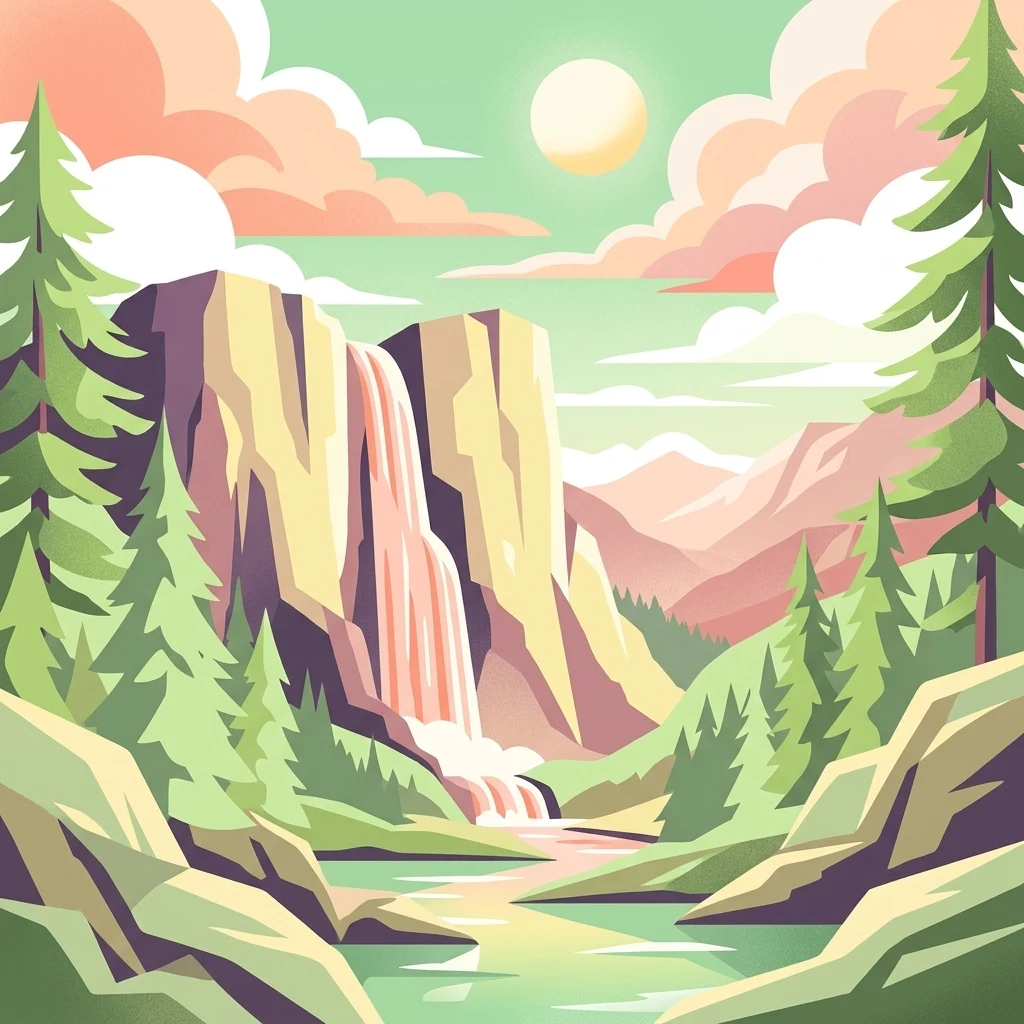 Stylized digital illustration of a waterfall flowing between mountain cliffs into a river, framed by coniferous trees under a soft-colored sky with a sun.