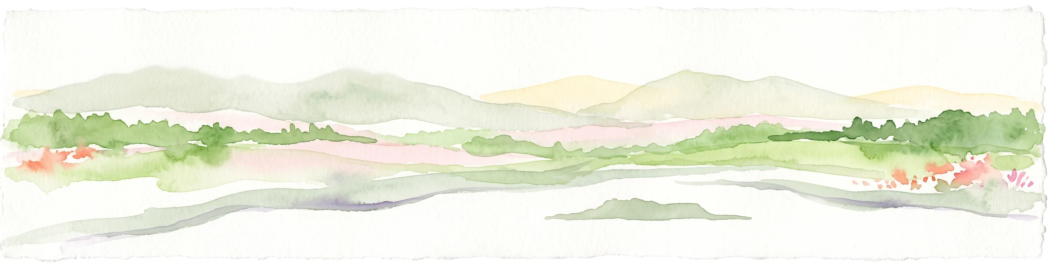 A pale, minimalist watercolor illustration showing soft, rolling green and yellow hills against a white background.