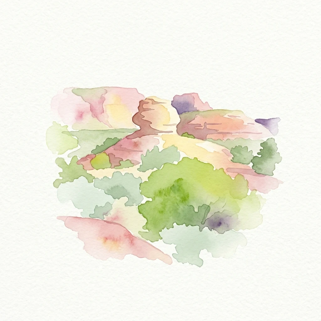 Watercolor painting of a landscape featuring rock formations and green vegetation