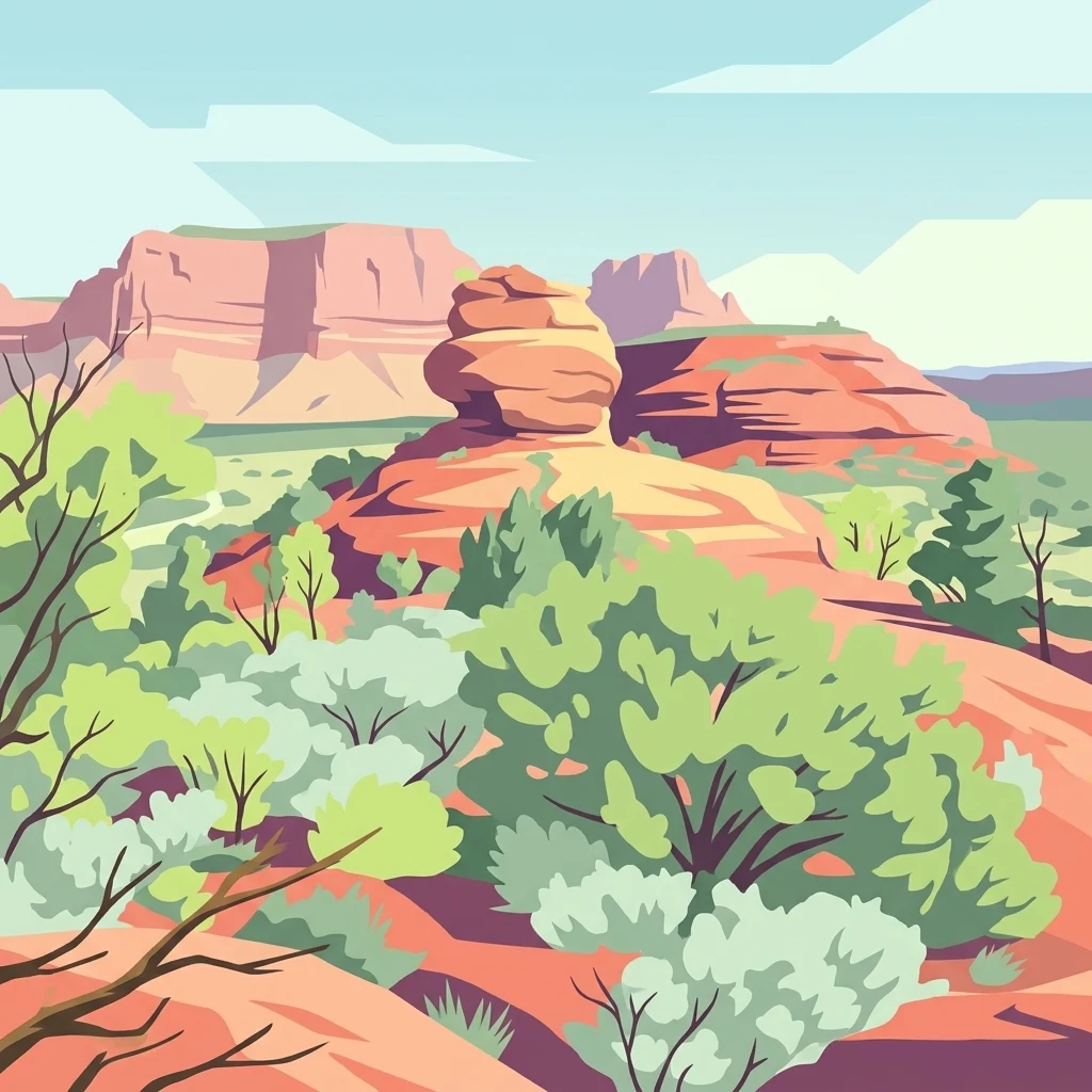 Stylized illustration showing red rock formations, desert vegetation, and a clear sky