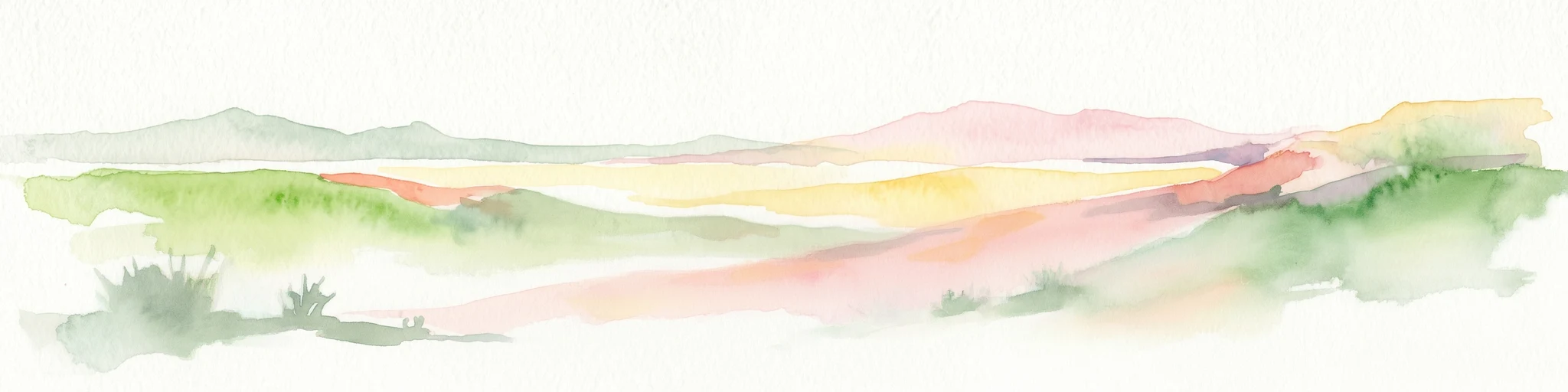 Pintura en acuarela de un paisaje con valles verdes, picos de montañas rosas y amarillos y colinas distantes