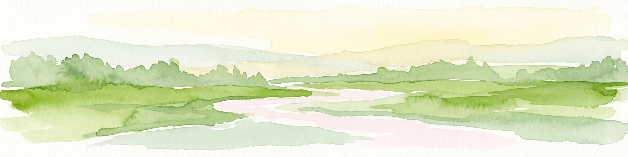 A soft, horizontal watercolor painting depicting a meandering stream flowing through green meadows and rolling hills under a pale sky.