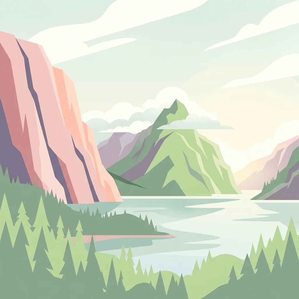 A flat-style vector illustration of a dramatic mountain fjord with steep cliffs, surrounding coniferous forest, and calm water under a light sky.