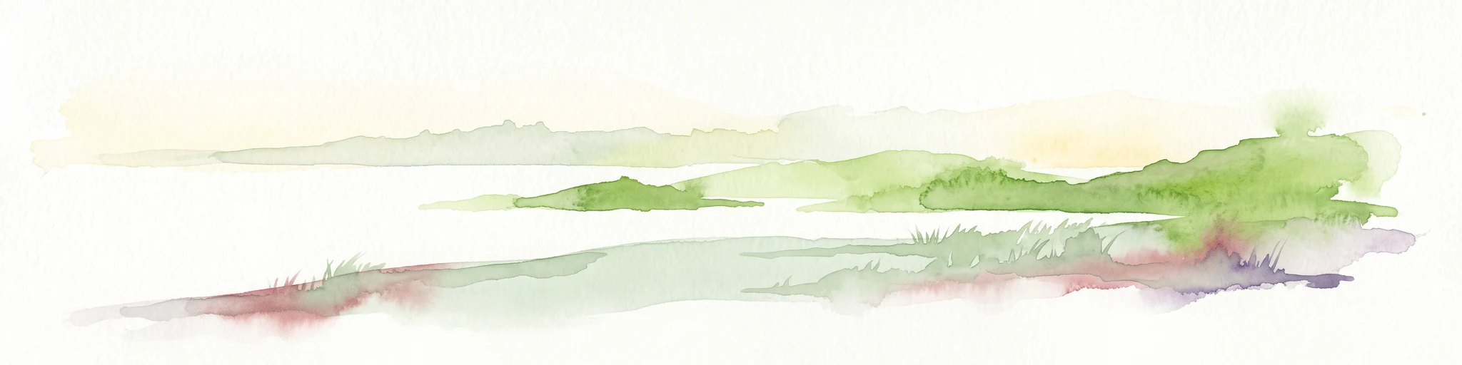 A soft watercolor painting of a serene coastal landscape with distant green hills, calm water, and foreground grasses, rendered in a minimalist style on a white background.