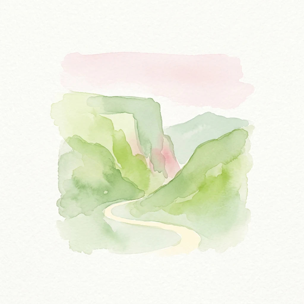 Ilustración en acuarela de un camino sinuoso a través de colinas verdes con un cielo rosa