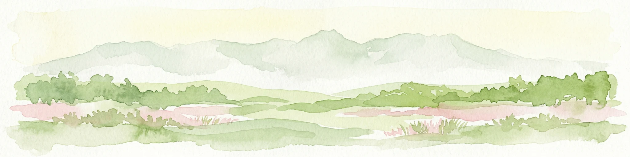 Ilustración en acuarela que muestra montañas al fondo, vegetación verde y prados rosados