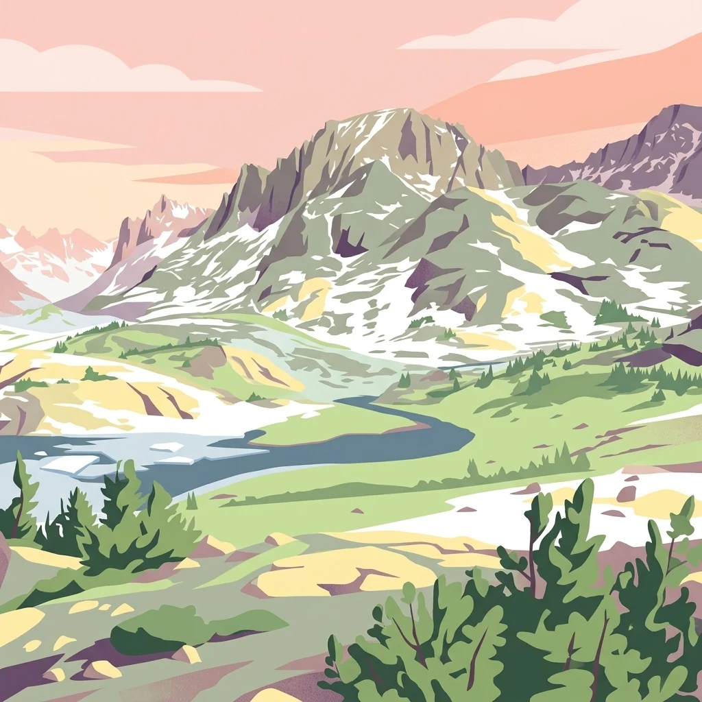 Una ilustración digital estilizada de montañas escarpadas con cumbres nevadas, praderas alpinas verdes y un río serpenteante bajo un cielo suave de tonos rosa y naranja.