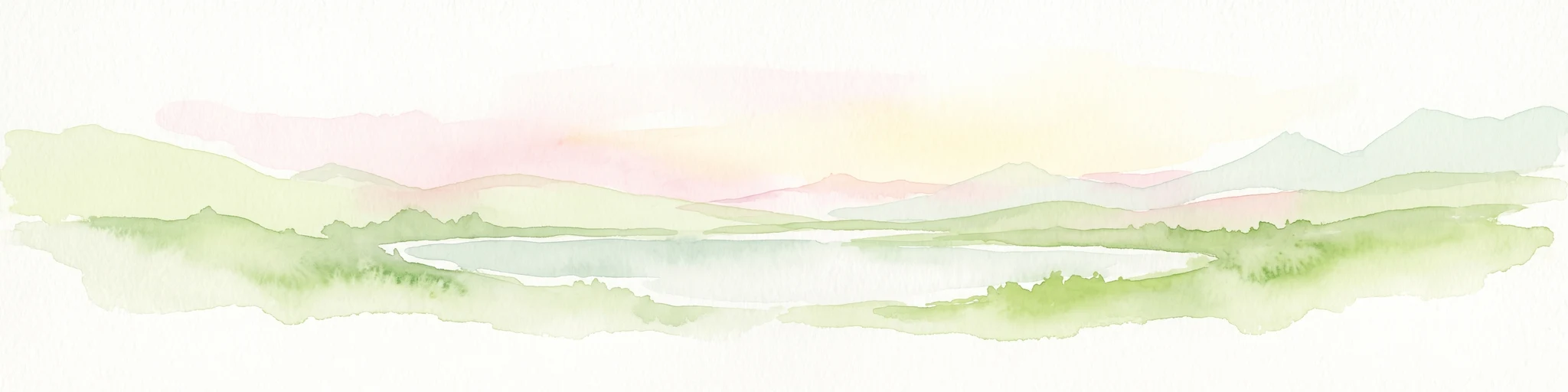 A soft, minimalist watercolor painting of a serene lake nestled among rolling hills under a gentle, pastel-toned sky.