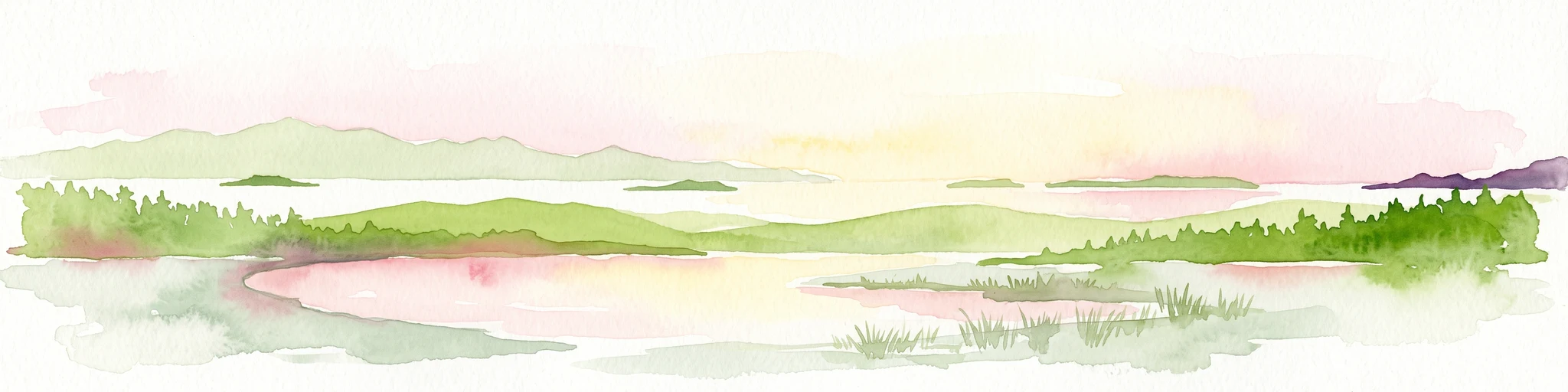 A soft, horizontal watercolor painting showing a coastal scene with grassy shores, calm water, and several small islands in the distance under a pale sky.