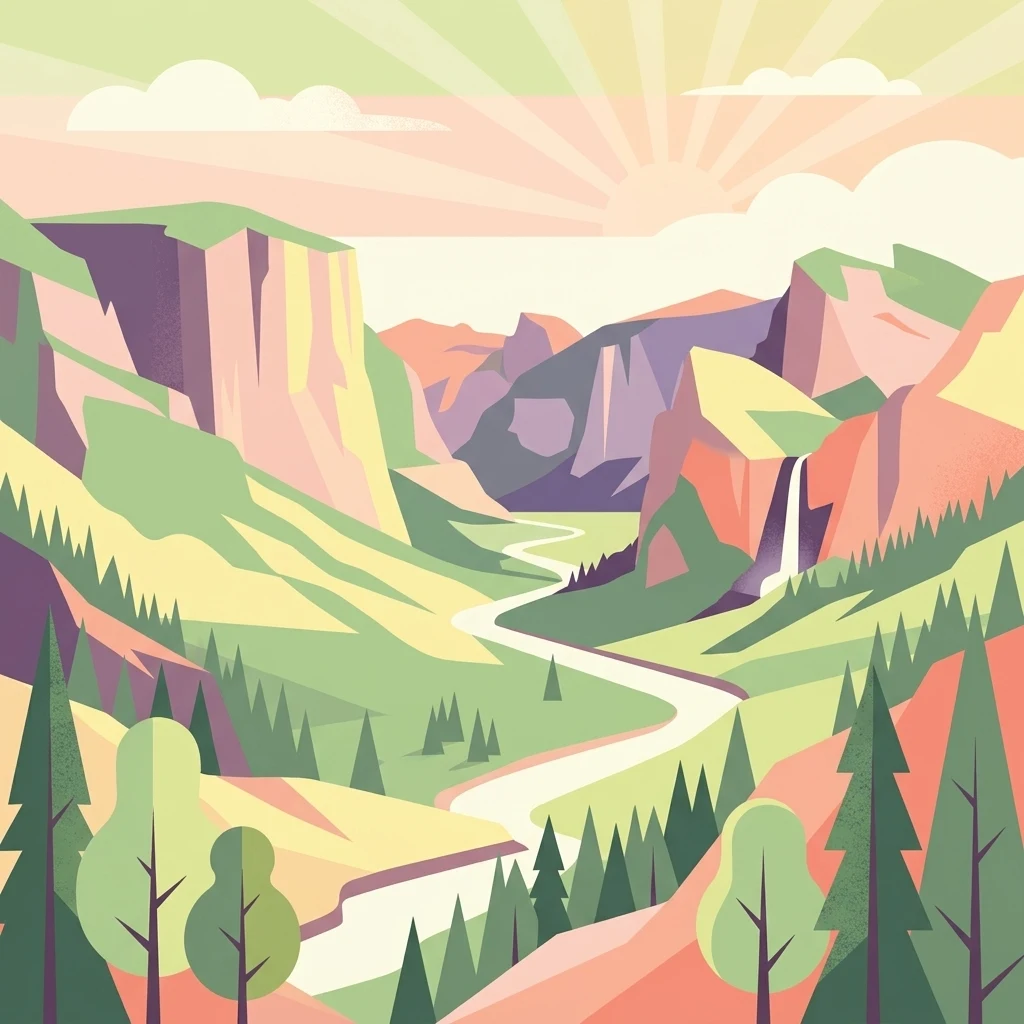 A flat-style digital illustration depicting a winding river flowing through a deep valley surrounded by high cliffs, mountains, and pine trees, with a waterfall on the right side and a sunrise in the background.