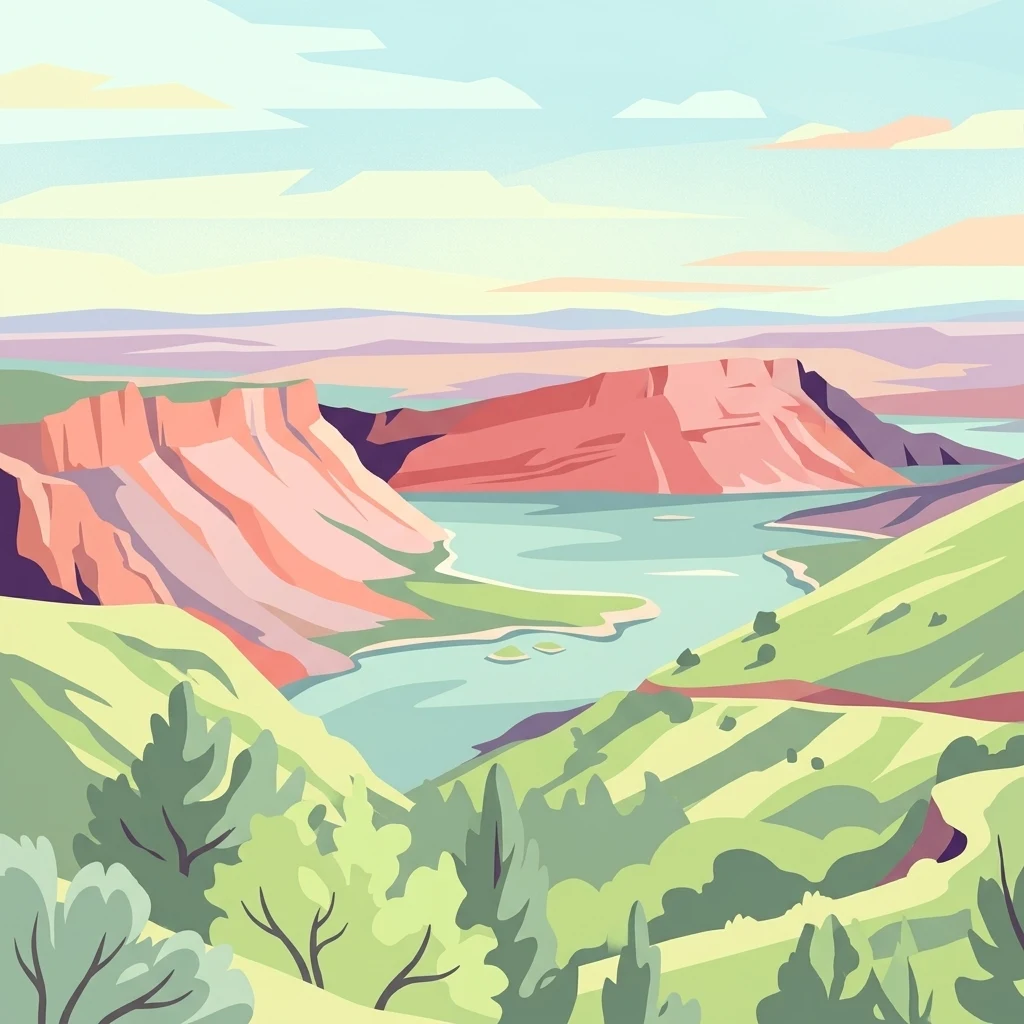 Una ilustración digital de un paisaje con acantilados de arenisca roja que caen sobre un embalse azul, con colinas verdes en primer plano y un cielo pálido.