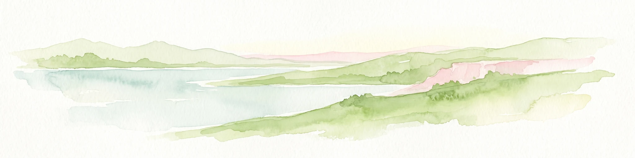 A watercolor painting showing a stylized landscape with a light blue lake, soft green rolling hills, and hints of red rock cliffs against a white background.