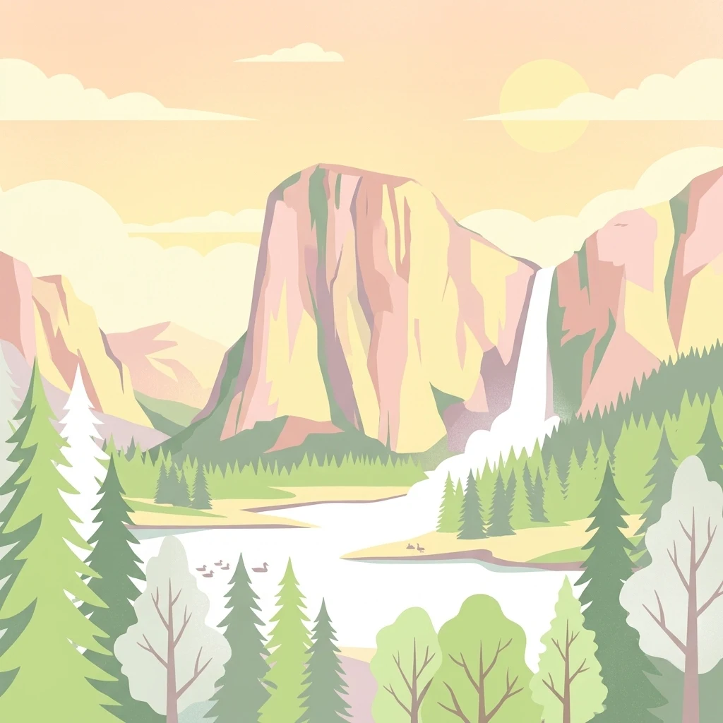 A flat vector illustration of a mountainous landscape with a large cliff, a waterfall flowing into a lake, and foreground trees in a soft, pastel color palette.