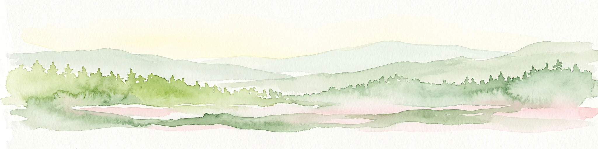 Una ilustración suave en acuarela que muestra un paisaje verde brumoso con colinas onduladas, una hilera de árboles y una masa de agua tranquila en primer plano.