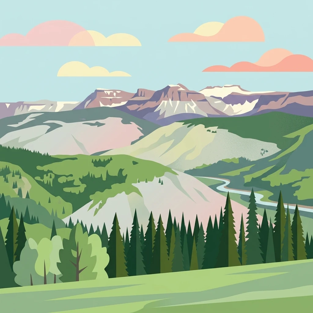 Una ilustración digital de estilo plano de un paisaje montañoso con un bosque en primer plano, colinas verdes onduladas en el plano medio y picos montañosos nevados de cima plana al fondo bajo un cielo azul con nubes suaves y estilizadas.