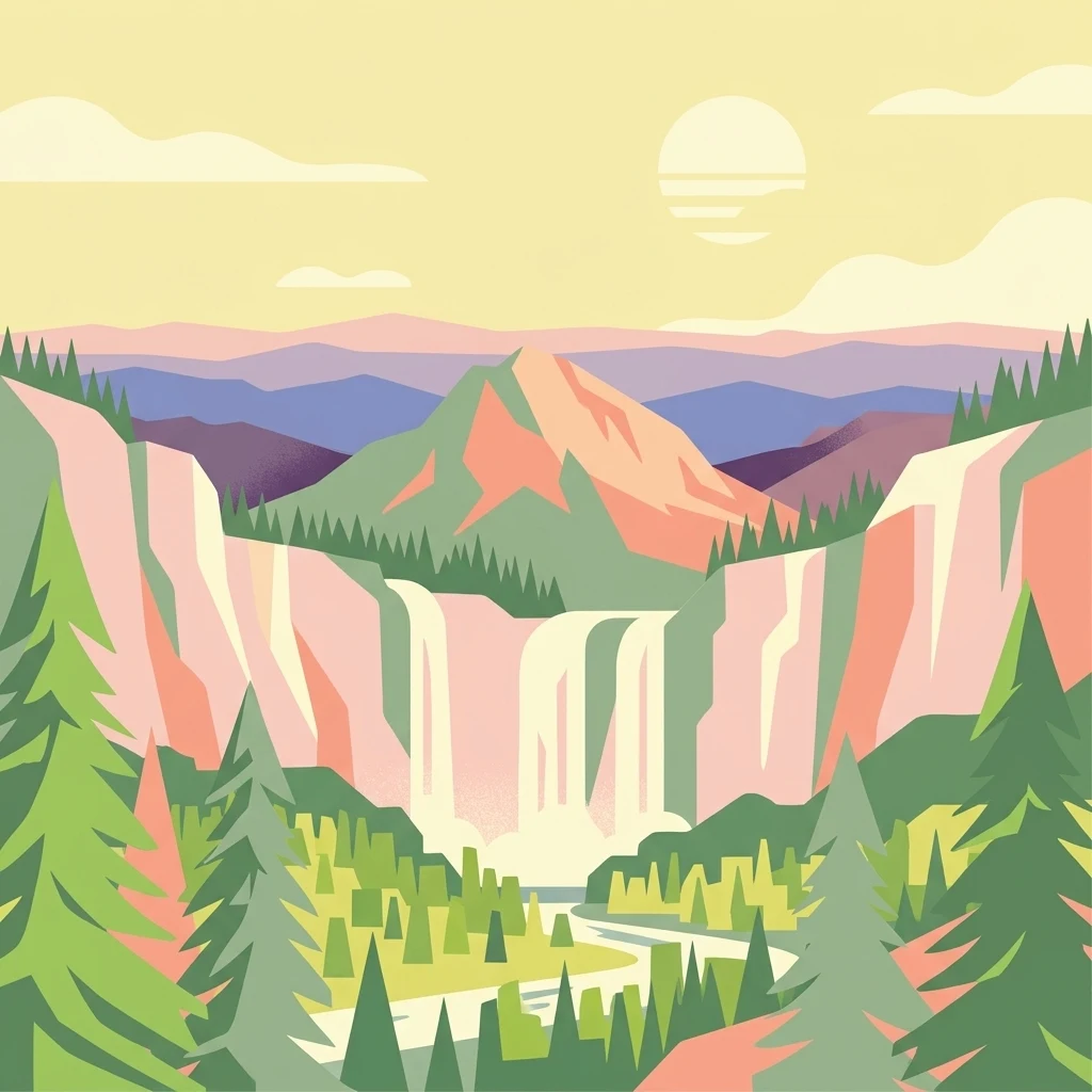 A flat-style digital illustration depicting a mountain range, a waterfall dropping from a cliffside, and foreground pine trees under a pale sun.